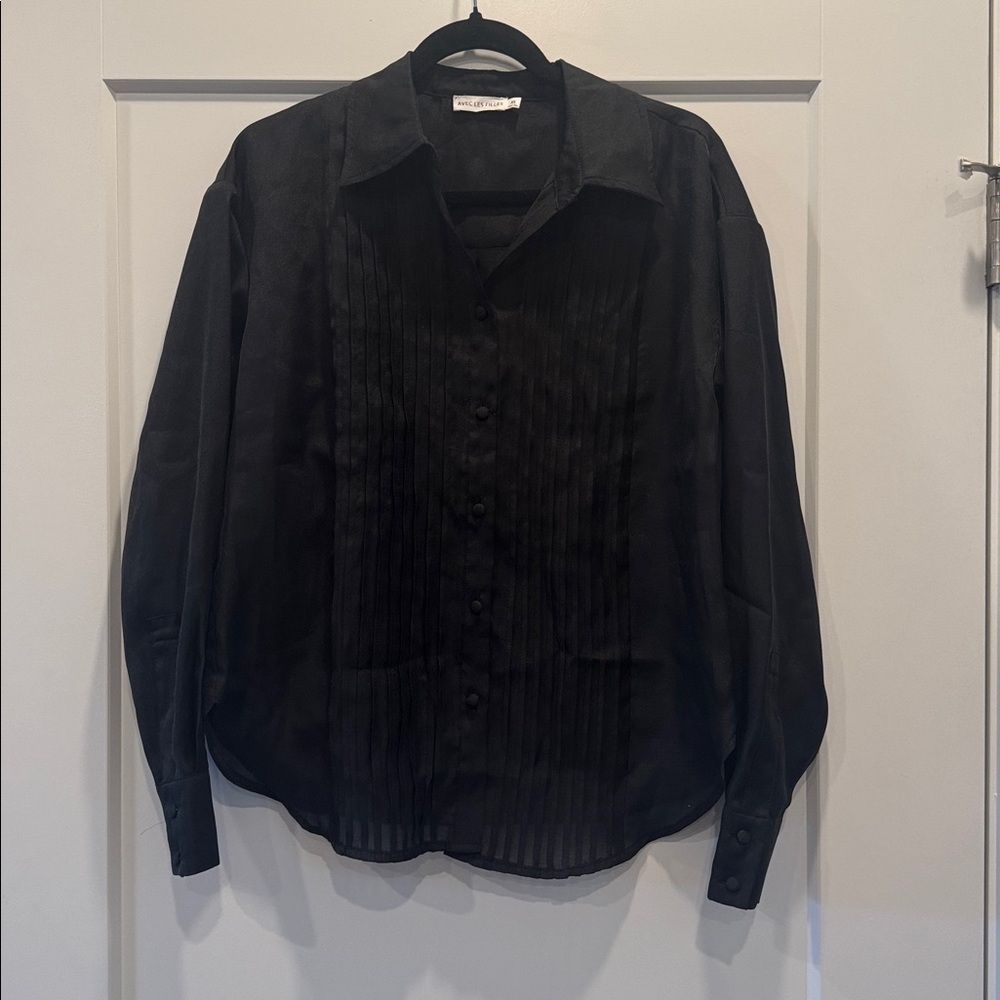 NWOT AVEC LES FILLES sheer pintuck black longsleeve button down top blouse shiny - Picture 3 of 6